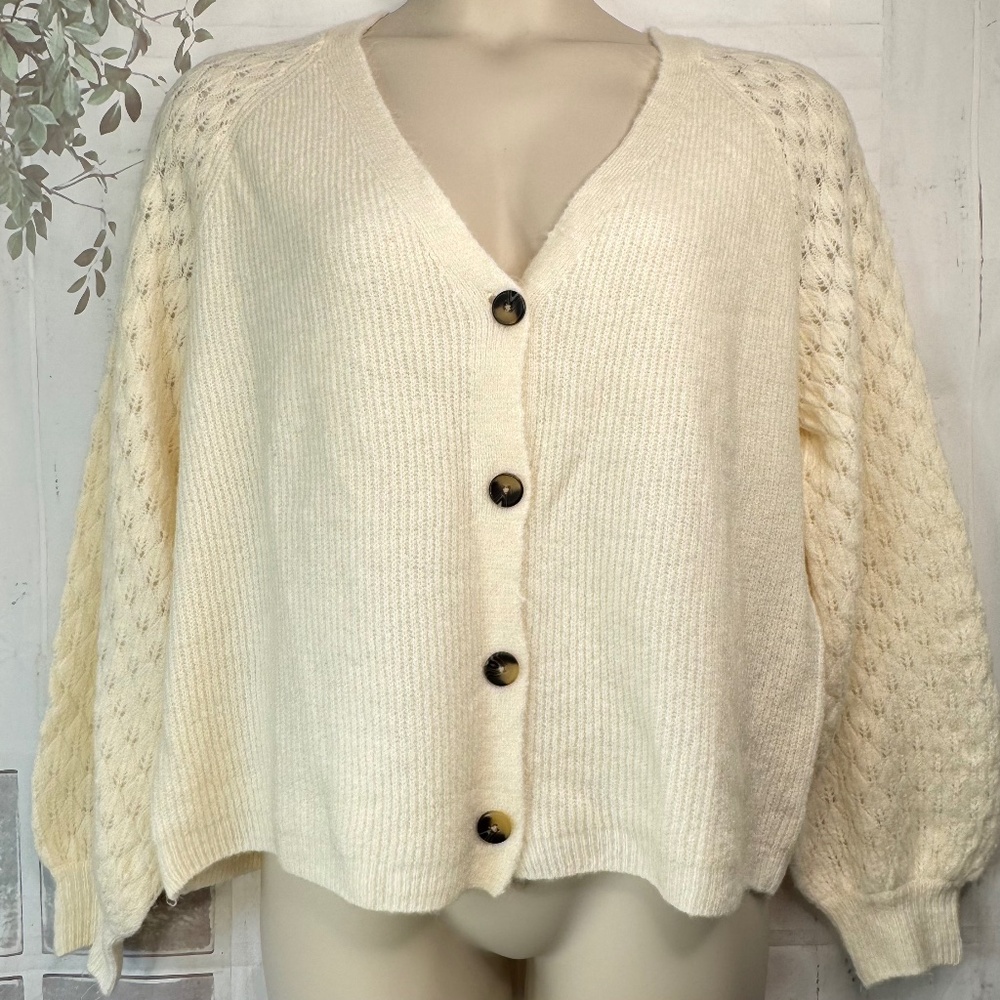 Lane Bryant Cardigan Cream Acrylic LS V Neck Button Up Crop Sweater Sz. 14 16